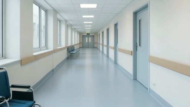 Empty hospital corridor with wheelchair and waiting chairs