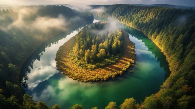 Aerial view of a majestic river meander winding through a lush green forest with misty hills in the background under a soft sky, showcasing natural beauty.