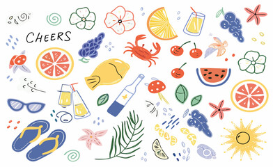 Summer vacation doodles with fruits drinks and beach accessories