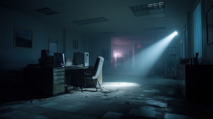 Naklejka premium Eerie Office Spotlight - Abandoned Workspace Bathed in Dramatic Blue Light.