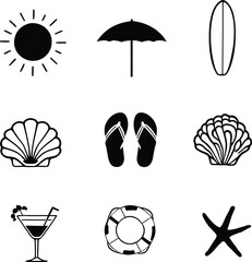 A collection of summer themed icons including a sun umbrella surfboard and various beach related items