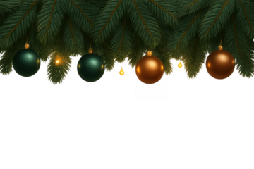 Christmas garland with colorful baubles and lights hanging on transparent background