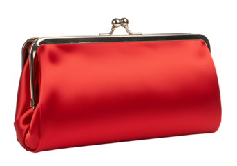 Red satin clutch purse with gold metal frame and clasp on transparent background