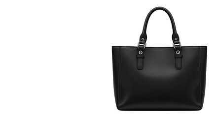 Black leather tote bag with handles, isolated on white background