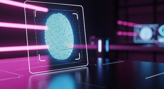 Futuristic fingerprint scan glowing in neon light for secure access and identity verification, biometric technology and cybersecurity
