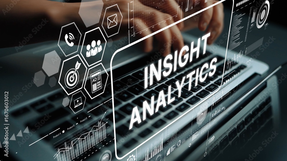 Poster insight analytics in technology with data visualization and digital analysis by business professiona