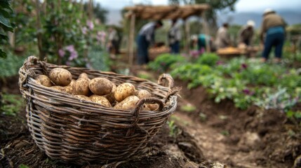 Obraz premium Farmers harvesting potatoes in wicker basket on farm