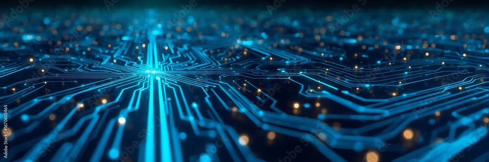 Poster advanced technology background featuring a detailed circuit board with glowing connections, represen