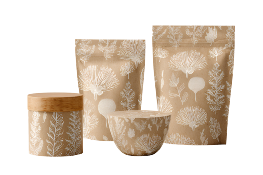 Four decorative tea packaging containers with floral patterns isolated on transparent background