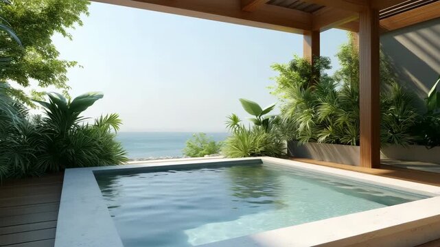 Luxurious outdoor patio with jacuzzi overlooking the ocean surrounded by lush greenery