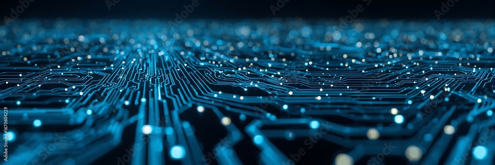 Poster detailed circuit board with glowing connections and intricate pathways, representing advanced techno