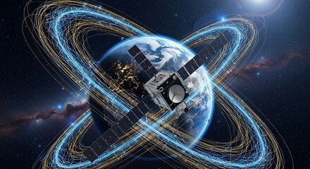Satellite orbiting Earth with glowing data streams connecting the world for global communication in dark outer space