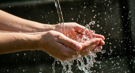 Fototapeta premium Hands cupped catching clear water with splashing droplets