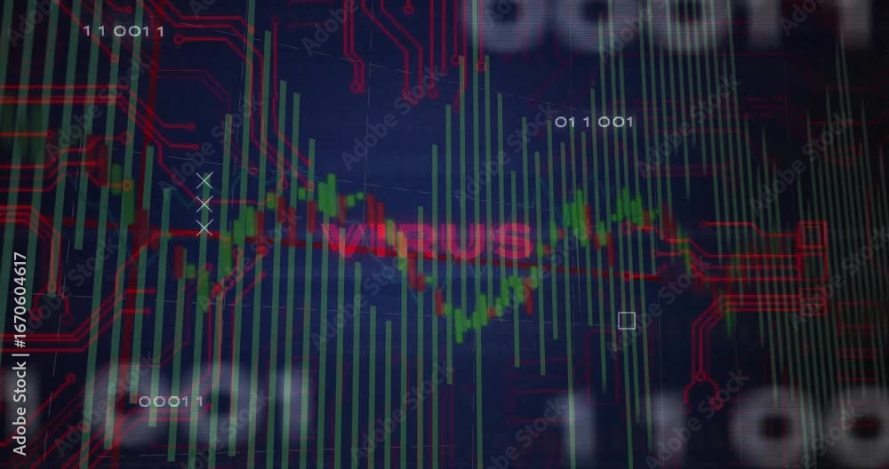 Poster glitched viyom flickering turning into virus with pulsing bars shifting digits signaling threat