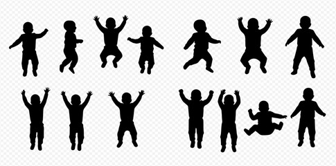 A collection of silhouette illustrations depicting babies and toddlers in various active poses, including jumping, standing, and raising their arms.