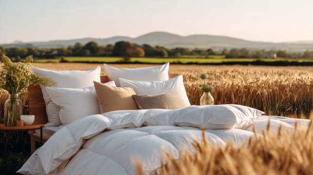 Wooden bed furniture with white cotton bedding and pillows in golden wheat field. Natural wood nightstand and organic linen create luxury outdoor bedroom scene at sunset.