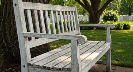 Serene memorial garden scenes unfold beneath shade trees around weathered white wooden benches