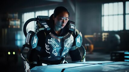 Asian Woman in Futuristic Illuminated Armor Suit in Industrial Setting Interior - Powered by Adobe