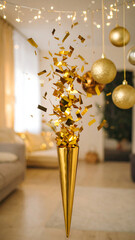 Golden party popper exploding with confetti, sparkling Christmas baubles and glowing garlands in the background, symbolizing festive joy and New Year celebration