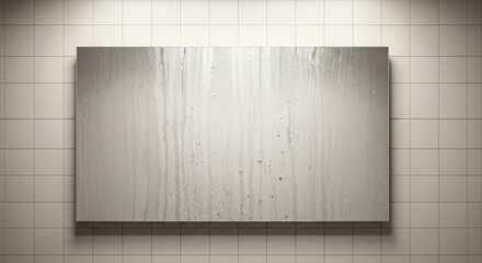 Softly lit pale tiles envelop a fogged mirror surface covered in steam on a gray stone backdrop