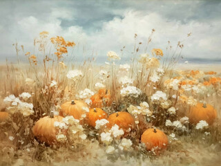 Autumn Wildflower Field Fall Pumpkin Print