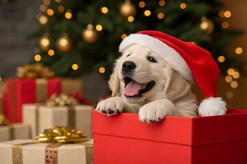Adorable golden retriever puppy wearing a santa hat in a gift box