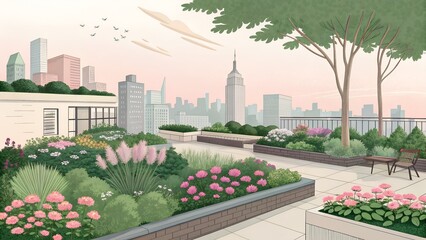 Fototapeta premium Vibrant rooftop garden in an urban setting, lush greens and pastel pinks
