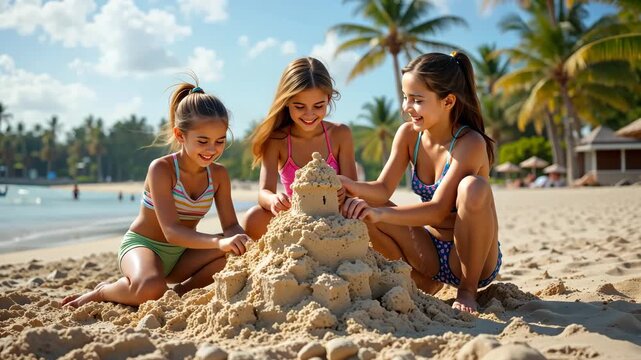 Three happy caucasian girls building sandcastle on sunny tropical beach with palm trees in background, joyful summer childhood concept