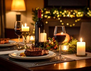 Romantic dinner setting with steak and wine