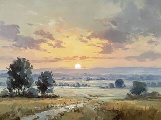 Vintage Autumn Sunset Landscape Print