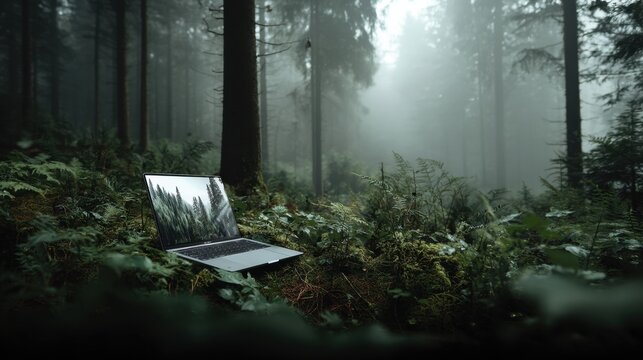 Modern laptop showing forest wallpaper lying on lush moss in misty woods
