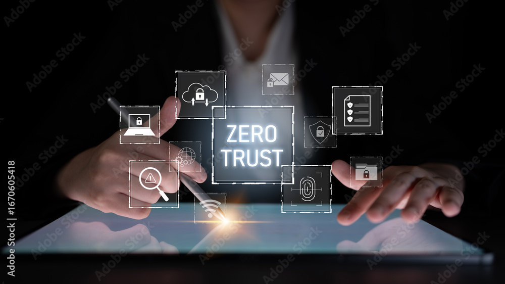 Poster zero trust model enhances data protection. zero trust blocks unauthorized access, secures devices, z