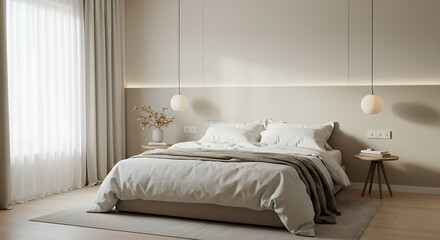 Modern bedroom with light curtains and cozy bedding in neutral tones  