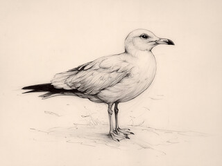 Vintage Seagull Bird Print on Sea Beach