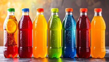 Colorful soda bottles arranged in a row, each filled with a different bright liquid and matching cap, on a wooden surface with warm lighting and greenery in the background.