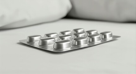Silver blister pill pack rests on a smooth white bedsheet amidst minimal surroundings with a soft white pillow in the background