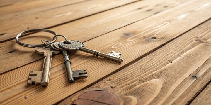 Three Antique Keys on Wooden Surface Composition, Photography, Security Concept, Old Keys, Vintage Keys, Wooden Background Old Keys, Security