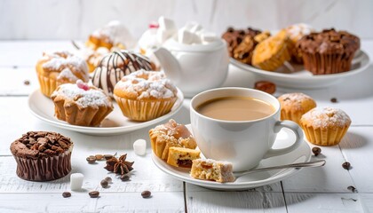 Cozy dessert spread with hot beverage, powdered muffins, meringues, and chocolate shavings on a white wooden table.