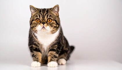 Obraz premium Exotic Shorthair cat with flat face, orange eyes, and tabby-white fur, sitting on white surface against plain white background.