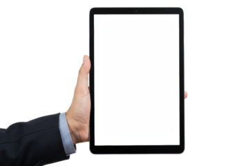 A well-groomed hand with a plain cuff holds a sleek, dark modern tablet with a blank white screen, photorealistic studio shot on a transparent background, concept of digital versatility