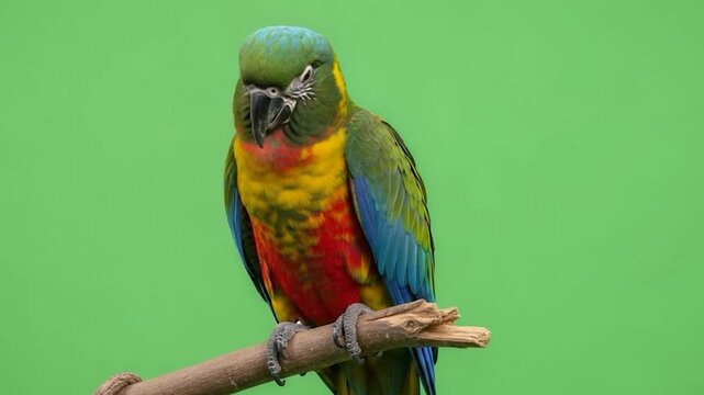 A vibrant parrot with green, yellow, red, and blue feathers perches on a branch in front of a bright green screen.