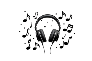 a pair of headphones, and musical notes, is showing communication, depicting creativity and a modern artistic expression.