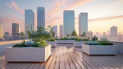 Fototapeta premium Rooftop garden oasis with city skyline at sunset