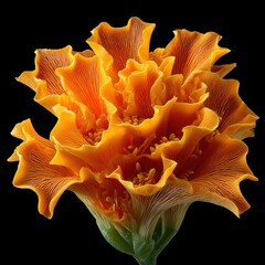 Vibrant orange flower in full bloom showcasing intricate petal details against a dark background