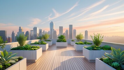 Fototapeta premium Modern rooftop garden oasis with city skyline view