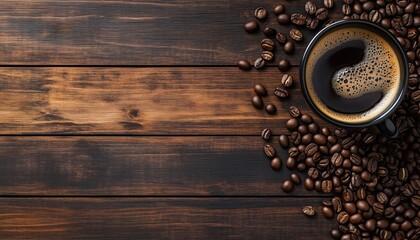 Top View Of Coffee Cup And Coffee Beans On Wooden Floor With Ample Copy Space For Your Design Needs. Perfect For Coffee Lovers.
