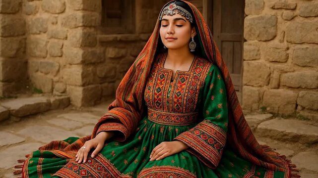 Peaceful Woman in Traditional Afghan Kuchi Dress from Central Asia, Sitting Serene Against Stone Wall, Cultural Attire & Heritage