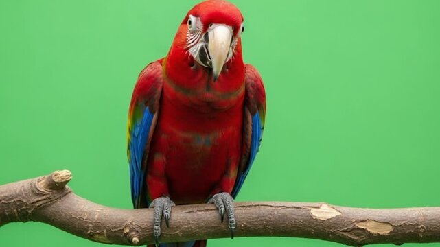 A vibrant red parrot with blue wings perches on a wooden branch in front of a green screen background.