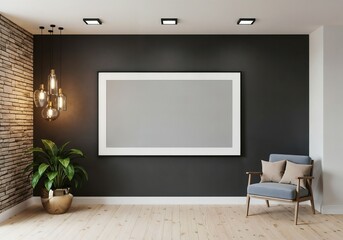  A large, horizontal, empty frame mockup on a dark gray wall in a modern room with a brick accent wall, a stylish armchair, and industrial pendant lights.