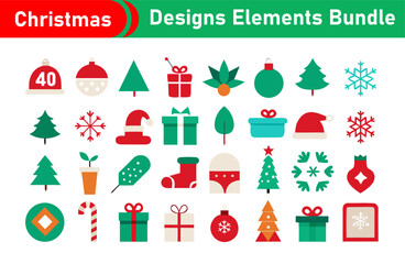 Christmas Designs Elements Bundle with Santa Hats Gifts Trees and Ornaments